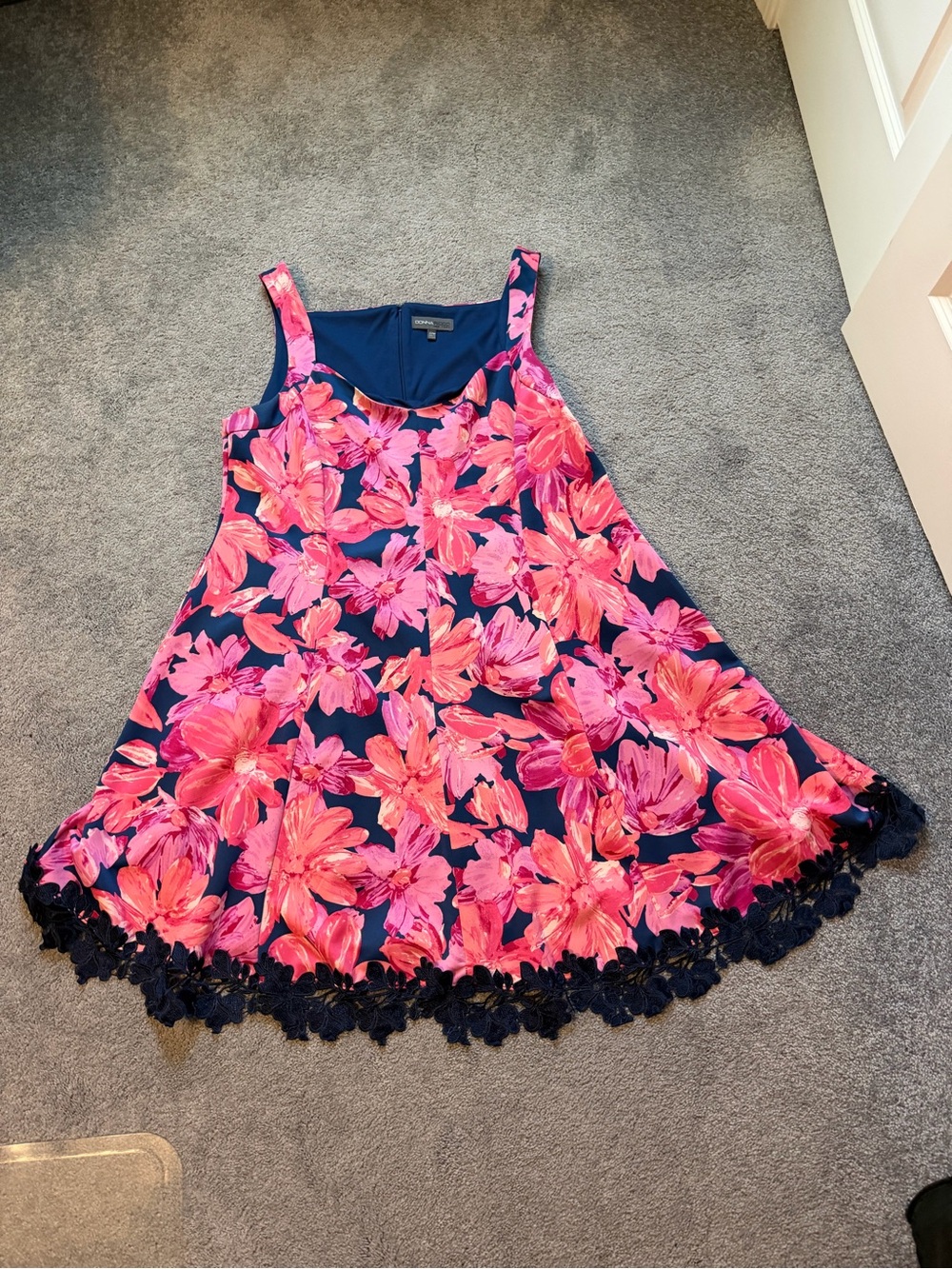 Donna Ricco Pink Floral Fit-and-Flare Dress with Black Lace Trim